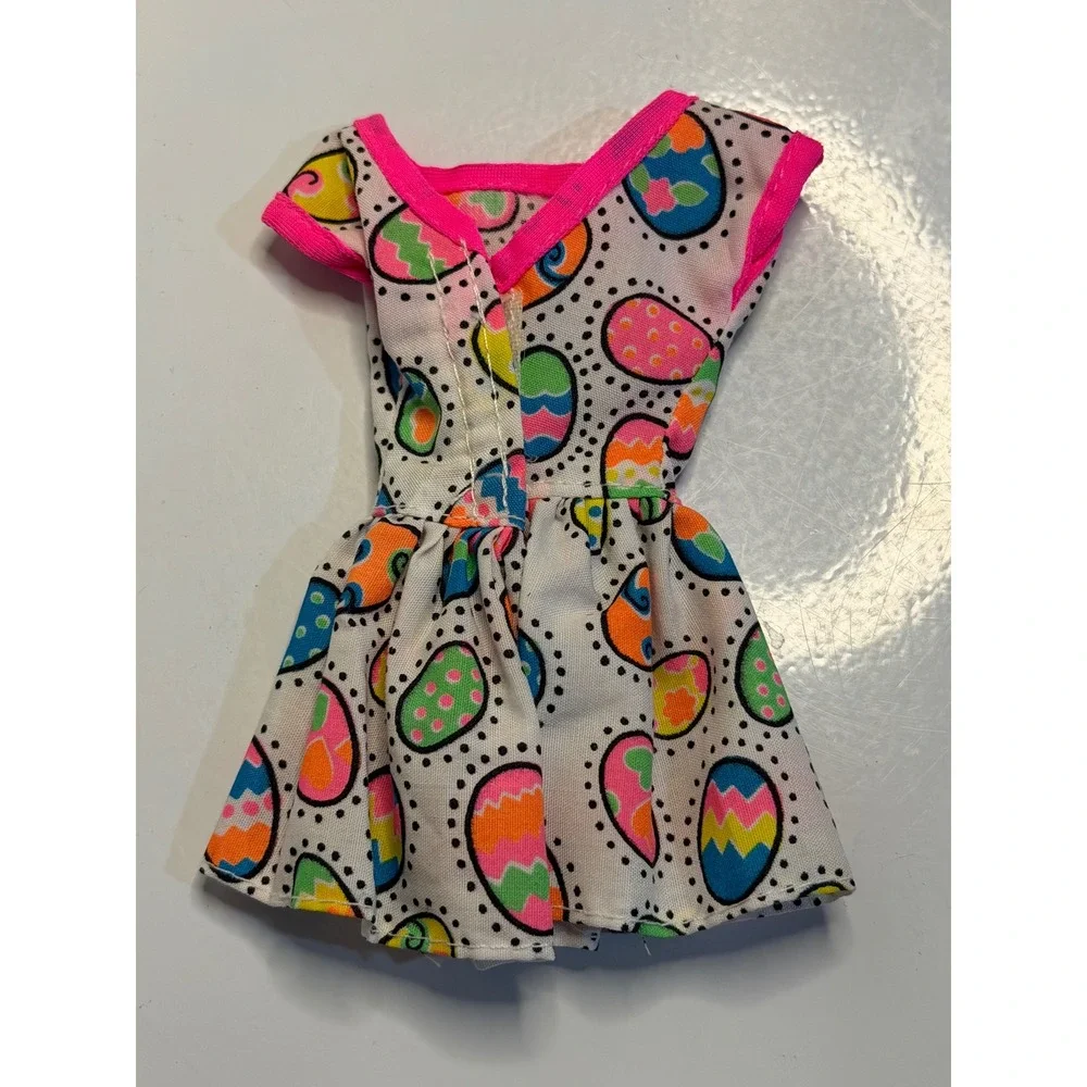 VTG Barbie Doll Dress White Easter Egg Print Pink Trim Fit‎ and Flare Mini Gown